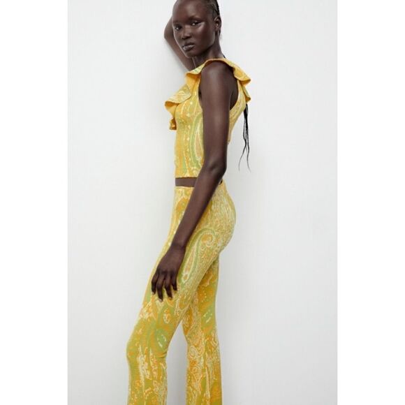 NWT Zara Yellow & Green Jacquard High Waisted Pull On Flare Pants, Size Medium - Picture 3 of 16